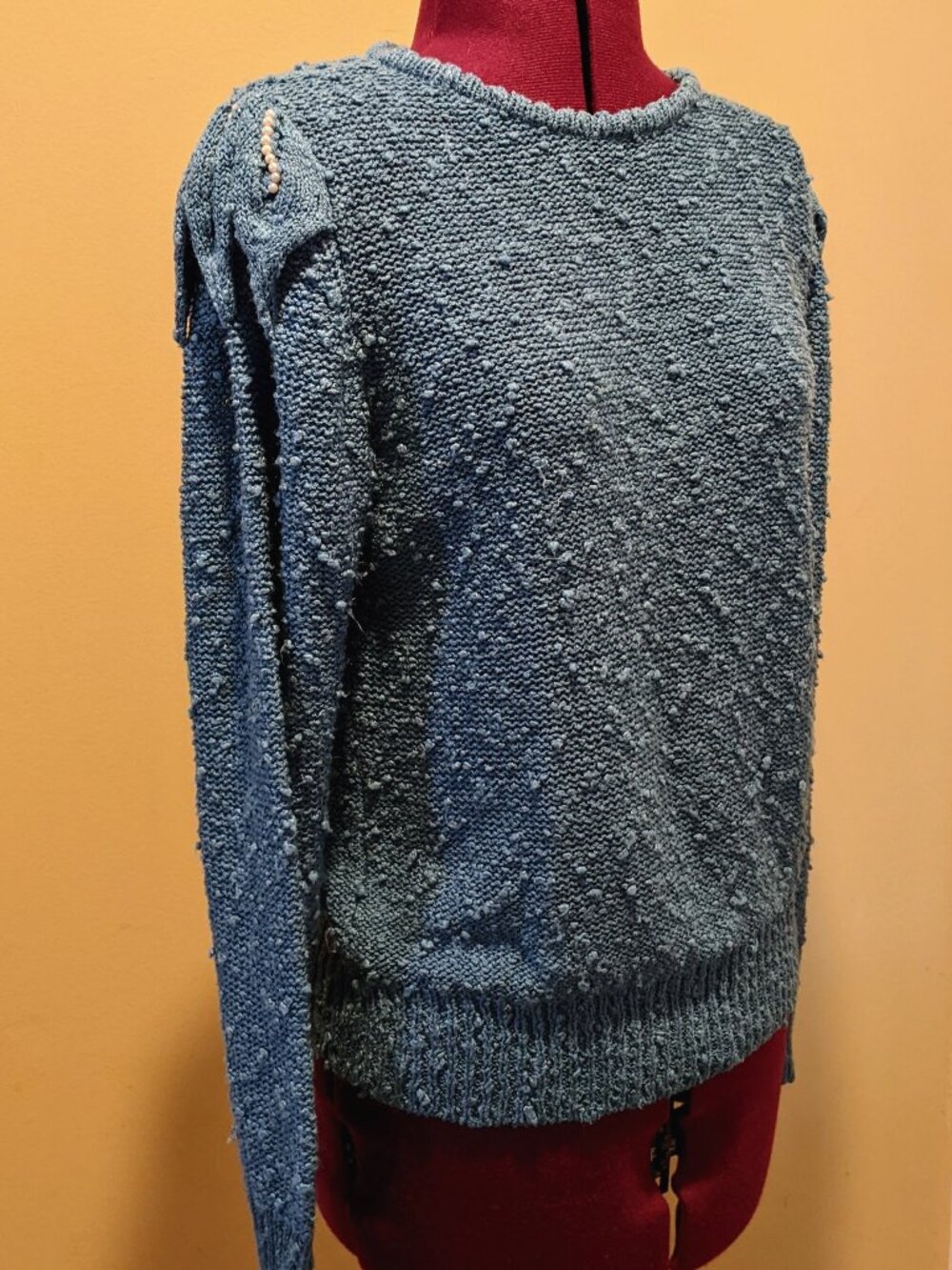 Rare Vintage LeRoy Knitwear Boho Textured Blue Sweater – Pearl Shoulder Detail